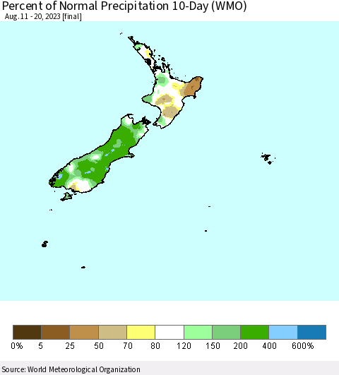 New Zealand Percent of Normal Precipitation 10-Day (WMO) Thematic Map For 8/11/2023 - 8/20/2023