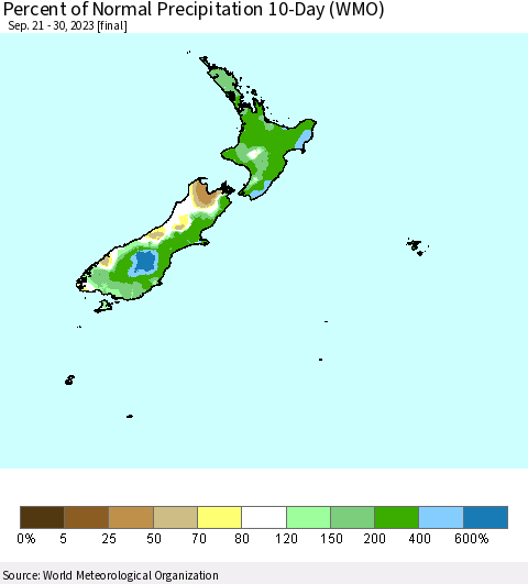 New Zealand Percent of Normal Precipitation 10-Day (WMO) Thematic Map For 9/21/2023 - 9/30/2023