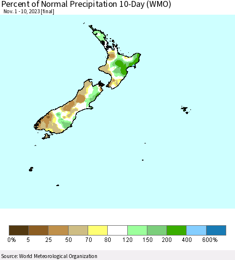 New Zealand Percent of Normal Precipitation 10-Day (WMO) Thematic Map For 11/1/2023 - 11/10/2023