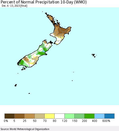 New Zealand Percent of Normal Precipitation 10-Day (WMO) Thematic Map For 12/6/2023 - 12/15/2023