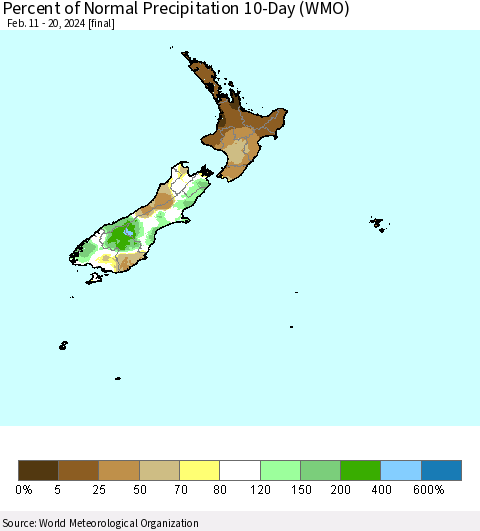 New Zealand Percent of Normal Precipitation 10-Day (WMO) Thematic Map For 2/11/2024 - 2/20/2024