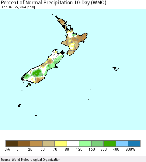 New Zealand Percent of Normal Precipitation 10-Day (WMO) Thematic Map For 2/16/2024 - 2/25/2024