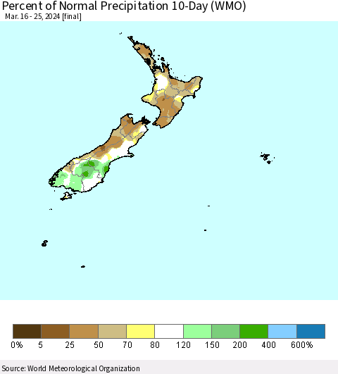 New Zealand Percent of Normal Precipitation 10-Day (WMO) Thematic Map For 3/16/2024 - 3/25/2024