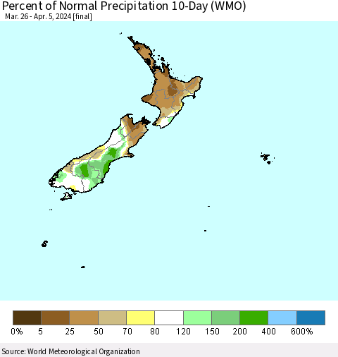 New Zealand Percent of Normal Precipitation 10-Day (WMO) Thematic Map For 3/26/2024 - 4/5/2024