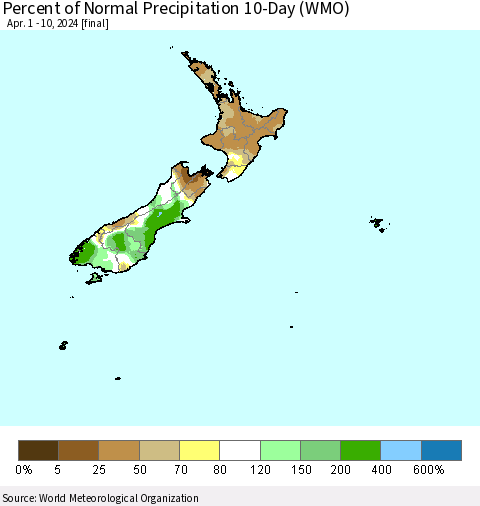 New Zealand Percent of Normal Precipitation 10-Day (WMO) Thematic Map For 4/1/2024 - 4/10/2024
