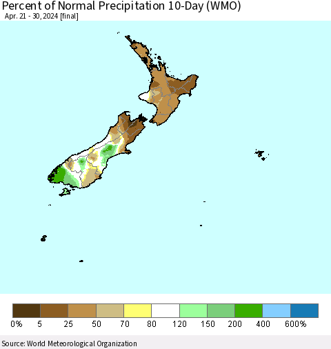 New Zealand Percent of Normal Precipitation 10-Day (WMO) Thematic Map For 4/21/2024 - 4/30/2024