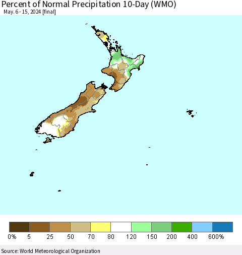 New Zealand Percent of Normal Precipitation 10-Day (WMO) Thematic Map For 5/6/2024 - 5/15/2024