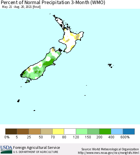 New Zealand Percent of Normal Precipitation 3-Month (WMO) Thematic Map For 5/21/2021 - 8/20/2021