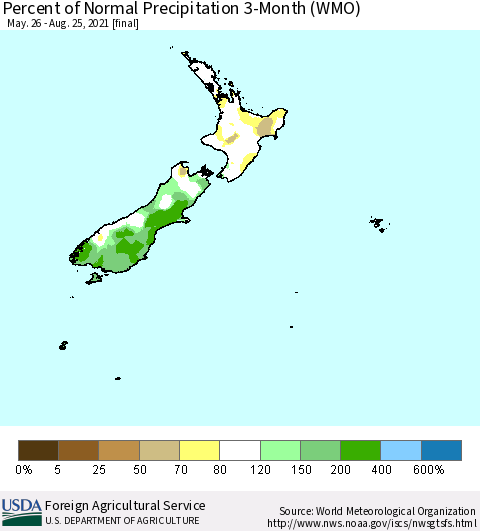 New Zealand Percent of Normal Precipitation 3-Month (WMO) Thematic Map For 5/26/2021 - 8/25/2021