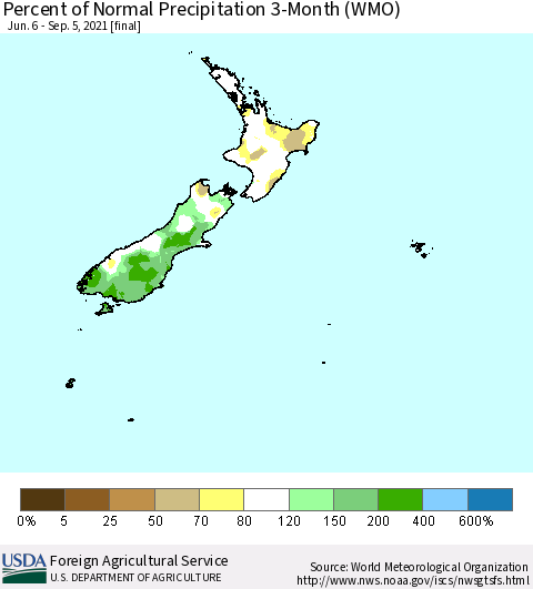 New Zealand Percent of Normal Precipitation 3-Month (WMO) Thematic Map For 6/6/2021 - 9/5/2021