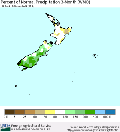 New Zealand Percent of Normal Precipitation 3-Month (WMO) Thematic Map For 6/11/2021 - 9/10/2021