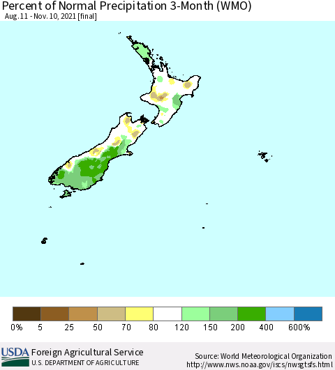 New Zealand Percent of Normal Precipitation 3-Month (WMO) Thematic Map For 8/11/2021 - 11/10/2021