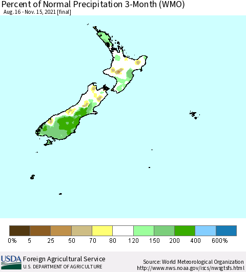 New Zealand Percent of Normal Precipitation 3-Month (WMO) Thematic Map For 8/16/2021 - 11/15/2021