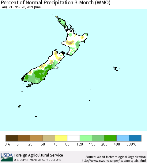 New Zealand Percent of Normal Precipitation 3-Month (WMO) Thematic Map For 8/21/2021 - 11/20/2021