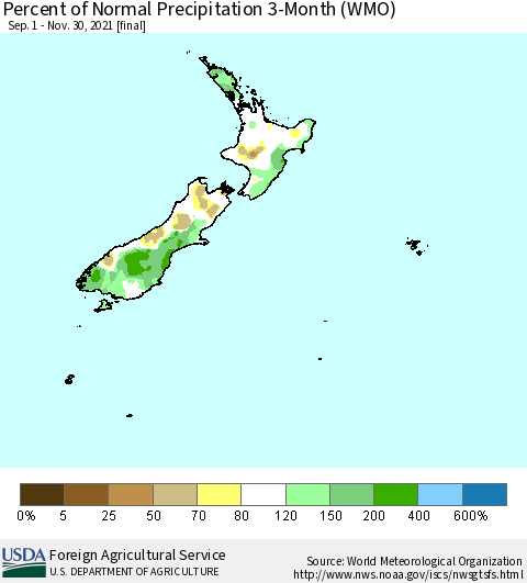 New Zealand Percent of Normal Precipitation 3-Month (WMO) Thematic Map For 9/1/2021 - 11/30/2021