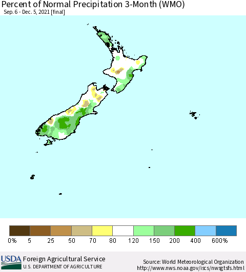 New Zealand Percent of Normal Precipitation 3-Month (WMO) Thematic Map For 9/6/2021 - 12/5/2021