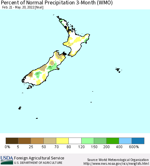 New Zealand Percent of Normal Precipitation 3-Month (WMO) Thematic Map For 2/21/2022 - 5/20/2022