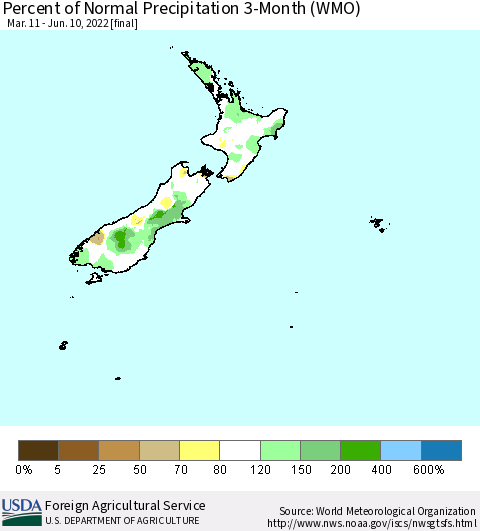 New Zealand Percent of Normal Precipitation 3-Month (WMO) Thematic Map For 3/11/2022 - 6/10/2022