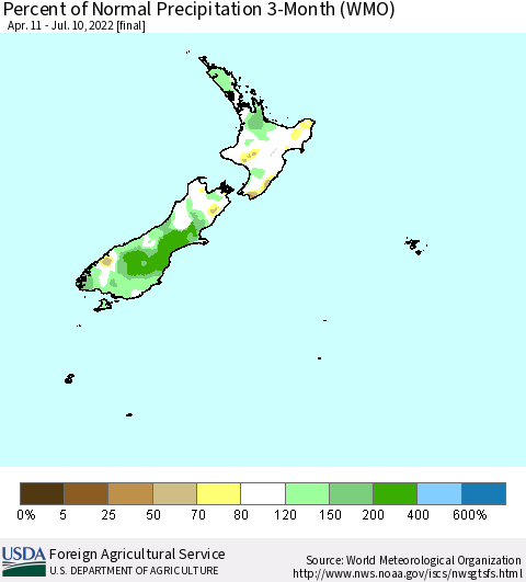New Zealand Percent of Normal Precipitation 3-Month (WMO) Thematic Map For 4/11/2022 - 7/10/2022