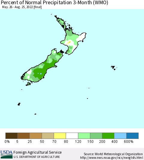 New Zealand Percent of Normal Precipitation 3-Month (WMO) Thematic Map For 5/26/2022 - 8/25/2022