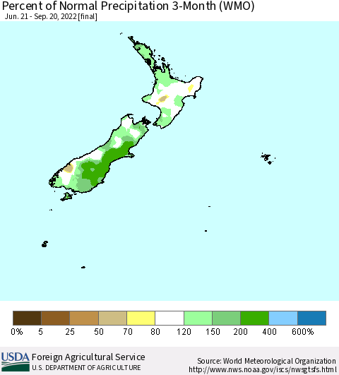 New Zealand Percent of Normal Precipitation 3-Month (WMO) Thematic Map For 6/21/2022 - 9/20/2022
