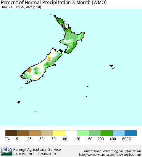 New Zealand Percent of Normal Precipitation 3-Month (WMO) Thematic Map For 11/21/2022 - 2/20/2023