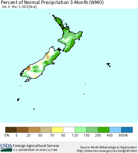 New Zealand Percent of Normal Precipitation 3-Month (WMO) Thematic Map For 12/6/2022 - 3/5/2023