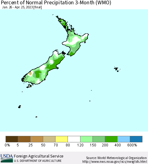 New Zealand Percent of Normal Precipitation 3-Month (WMO) Thematic Map For 1/26/2023 - 4/25/2023