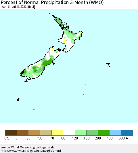 New Zealand Percent of Normal Precipitation 3-Month (WMO) Thematic Map For 4/6/2023 - 7/5/2023