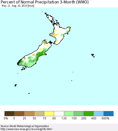 New Zealand Percent of Normal Precipitation 3-Month (WMO) Thematic Map For 5/11/2023 - 8/10/2023
