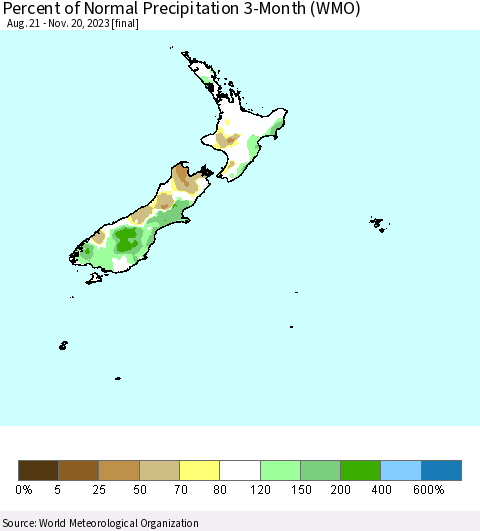 New Zealand Percent of Normal Precipitation 3-Month (WMO) Thematic Map For 8/21/2023 - 11/20/2023