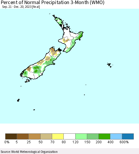 New Zealand Percent of Normal Precipitation 3-Month (WMO) Thematic Map For 9/21/2023 - 12/20/2023