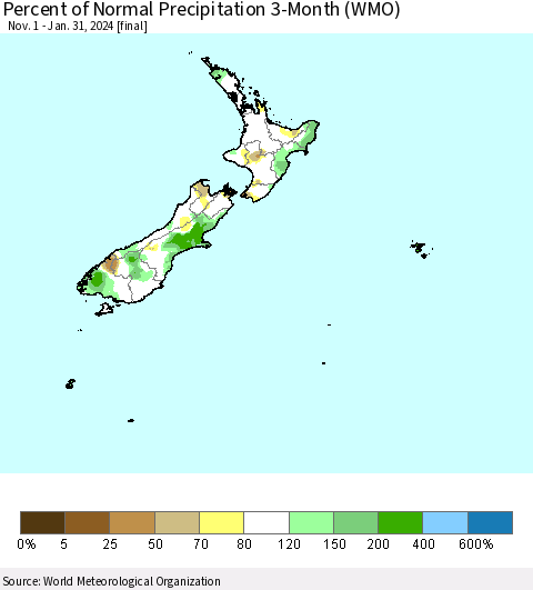 New Zealand Percent of Normal Precipitation 3-Month (WMO) Thematic Map For 11/1/2023 - 1/31/2024