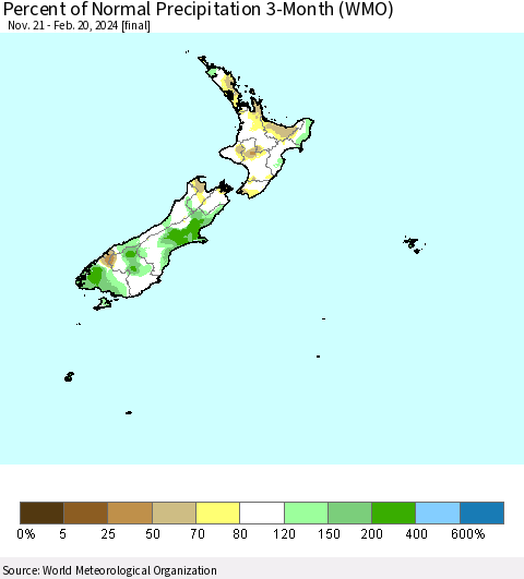 New Zealand Percent of Normal Precipitation 3-Month (WMO) Thematic Map For 11/21/2023 - 2/20/2024