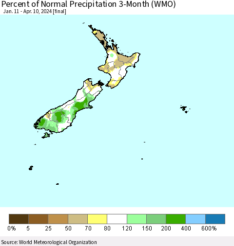New Zealand Percent of Normal Precipitation 3-Month (WMO) Thematic Map For 1/11/2024 - 4/10/2024