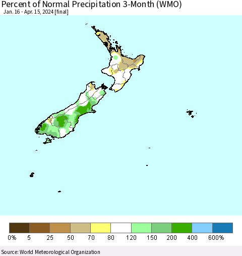 New Zealand Percent of Normal Precipitation 3-Month (WMO) Thematic Map For 1/16/2024 - 4/15/2024