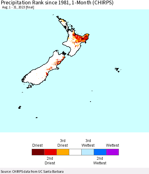 New Zealand Precipitation Rank since 1981, 1-Month (CHIRPS) Thematic Map For 8/1/2023 - 8/31/2023