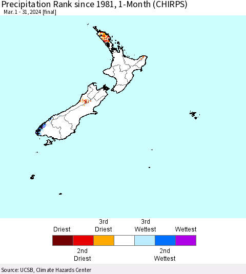 New Zealand Precipitation Rank since 1981, 1-Month (CHIRPS) Thematic Map For 3/1/2024 - 3/31/2024