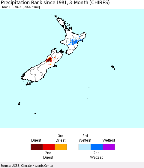 New Zealand Precipitation Rank since 1981, 3-Month (CHIRPS) Thematic Map For 11/1/2023 - 1/31/2024