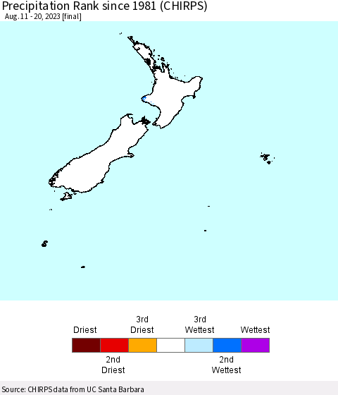 New Zealand Precipitation Rank since 1981 (CHIRPS) Thematic Map For 8/11/2023 - 8/20/2023