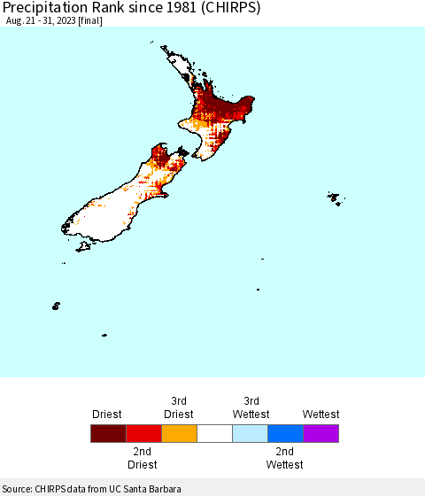 New Zealand Precipitation Rank since 1981 (CHIRPS) Thematic Map For 8/21/2023 - 8/31/2023