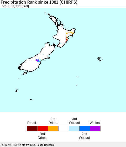 New Zealand Precipitation Rank since 1981 (CHIRPS) Thematic Map For 9/1/2023 - 9/10/2023