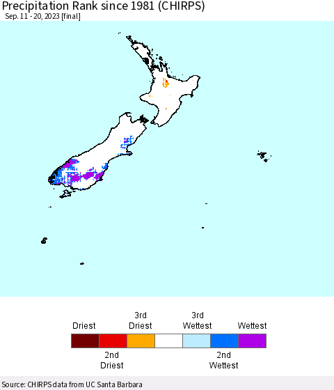 New Zealand Precipitation Rank since 1981 (CHIRPS) Thematic Map For 9/11/2023 - 9/20/2023