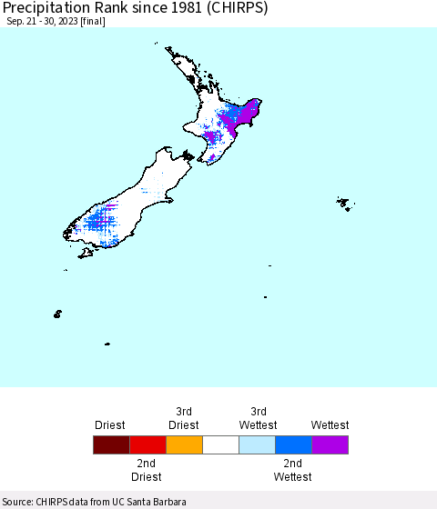 New Zealand Precipitation Rank since 1981 (CHIRPS) Thematic Map For 9/21/2023 - 9/30/2023