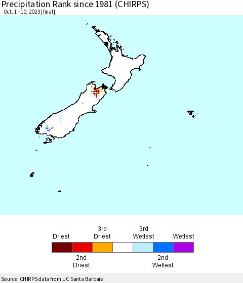 New Zealand Precipitation Rank since 1981 (CHIRPS) Thematic Map For 10/1/2023 - 10/10/2023