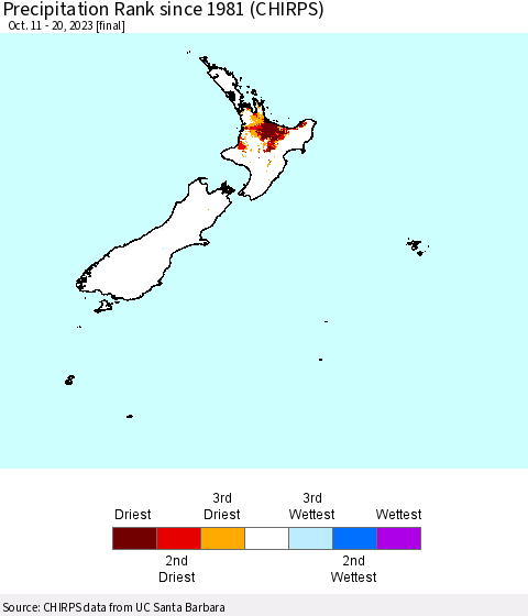 New Zealand Precipitation Rank since 1981 (CHIRPS) Thematic Map For 10/11/2023 - 10/20/2023
