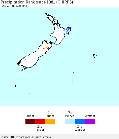 New Zealand Precipitation Rank since 1981 (CHIRPS) Thematic Map For 10/21/2023 - 10/31/2023