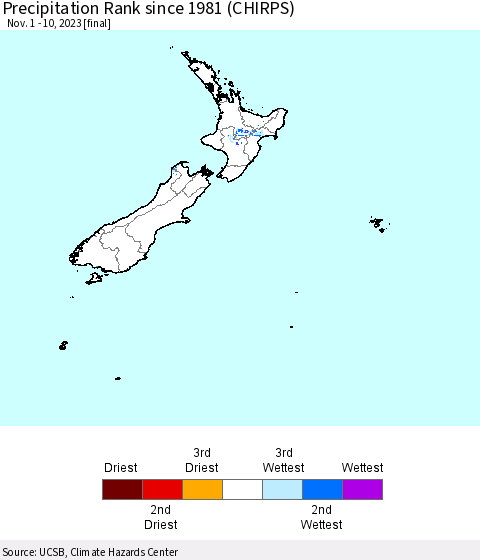 New Zealand Precipitation Rank since 1981 (CHIRPS) Thematic Map For 11/1/2023 - 11/10/2023