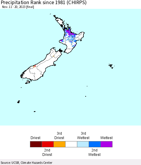 New Zealand Precipitation Rank since 1981 (CHIRPS) Thematic Map For 11/11/2023 - 11/20/2023