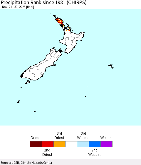 New Zealand Precipitation Rank since 1981 (CHIRPS) Thematic Map For 11/21/2023 - 11/30/2023